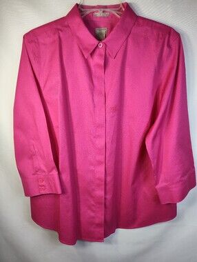 Chico's Hot Pink Fuscia  Button-Up Collard Shirt 3/4 Cuffed Sleeves Size 12/14